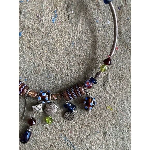 Collar Necklace Glass Beads Metallic Silver Tone Artisan Blue Brown Green - Picture 7 of 8